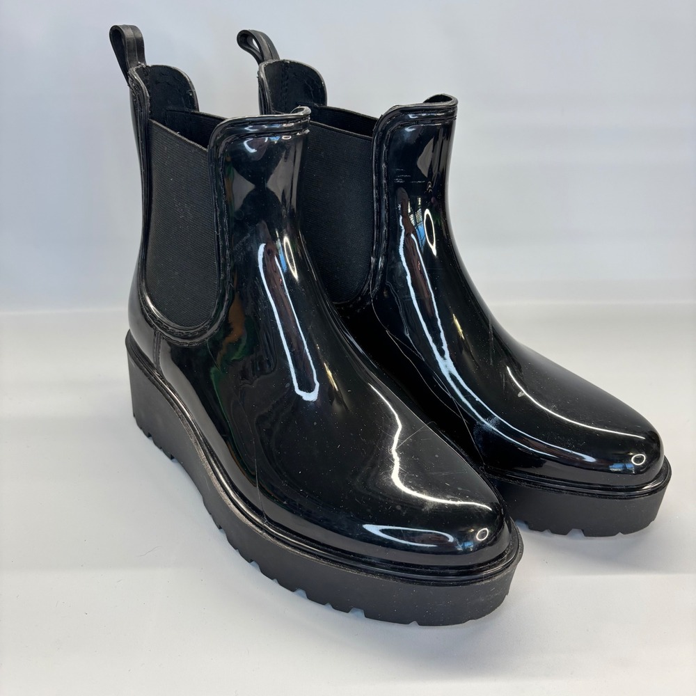 Womens Black Patent Chunky Platform Chelsea‎ Rain Boots Ankle Boots Size 38